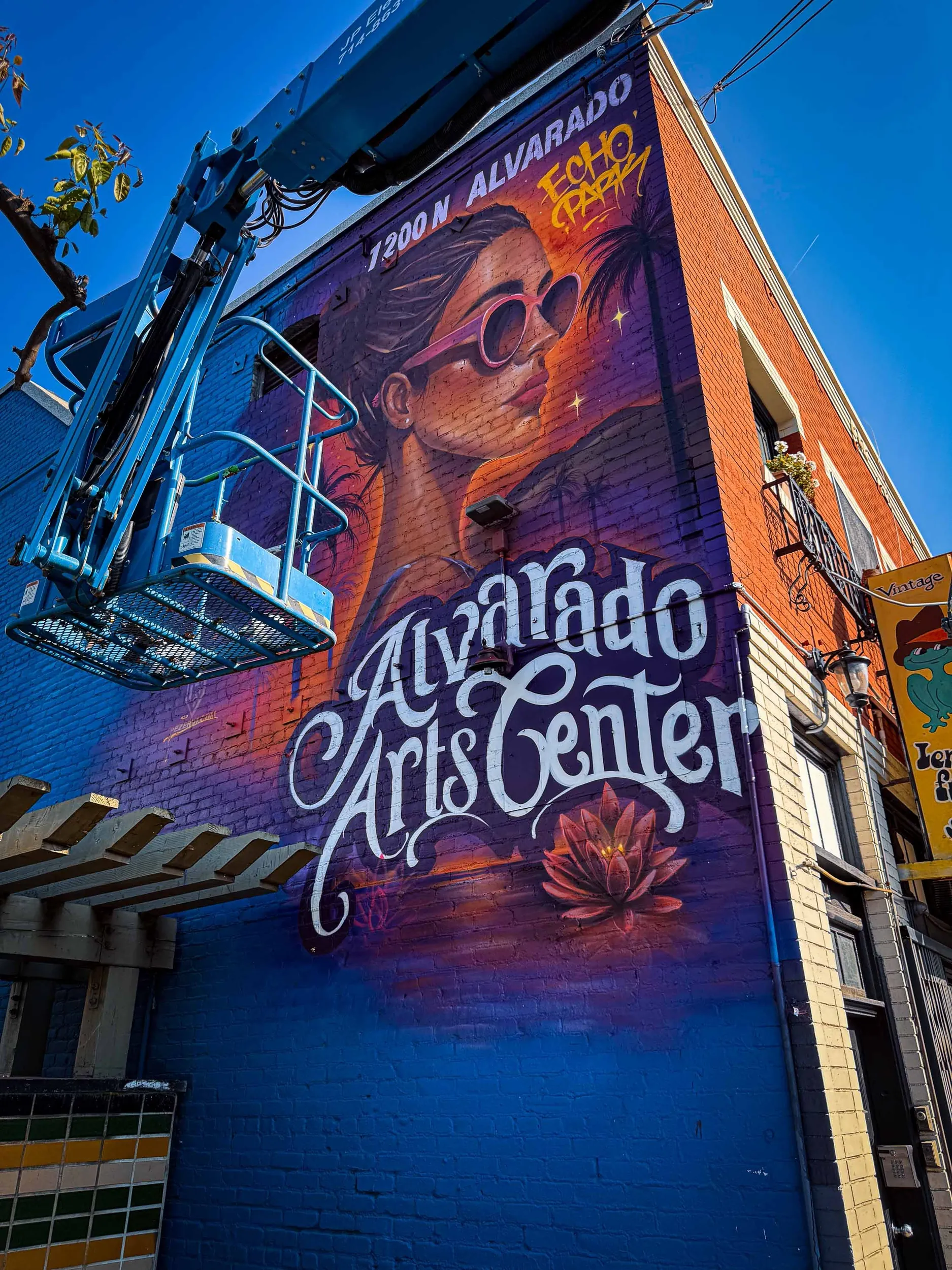 Colourful mural on the Alvarado Arts Center building in Echo Park, Los Angeles